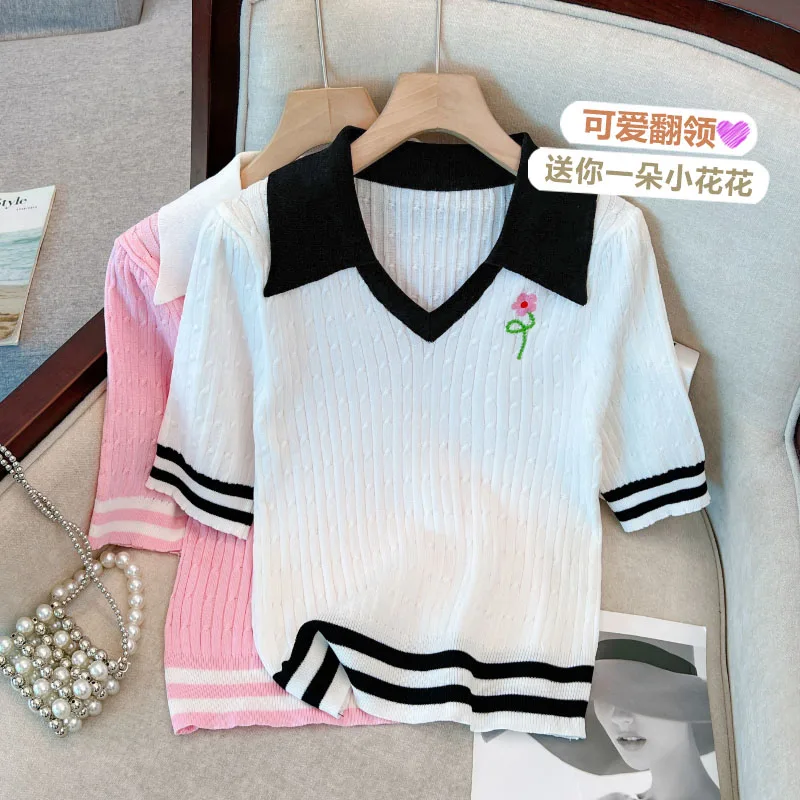 Летняя цветная Вязаная футболка с коротким рукавом и воротником-поло модный