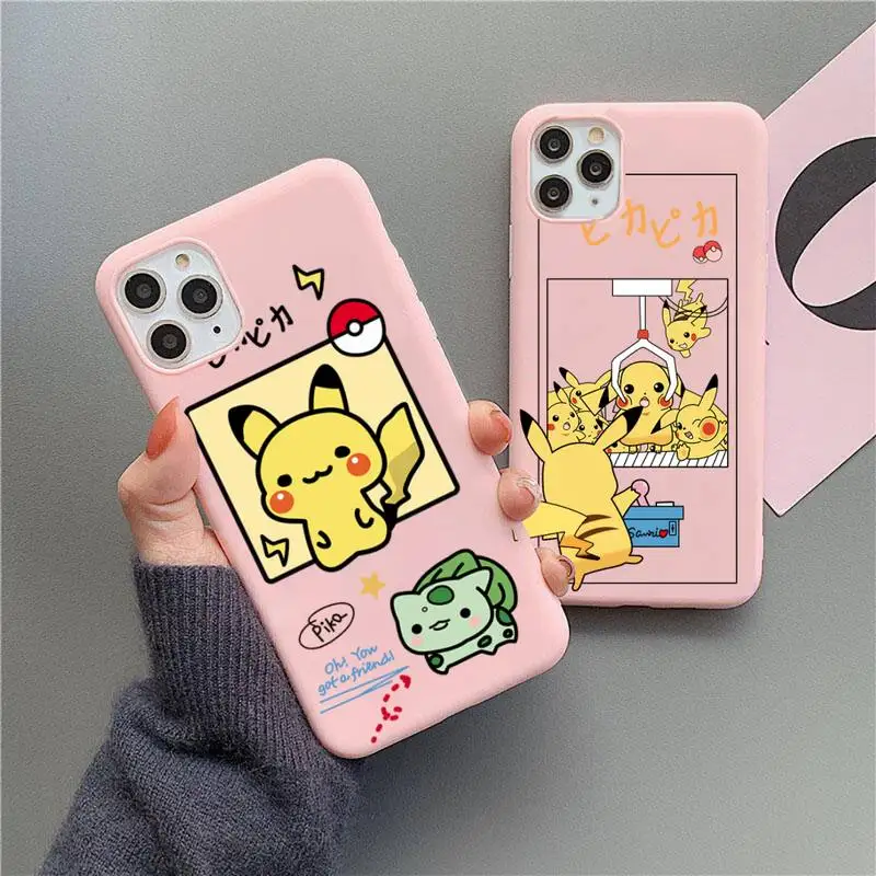 

Cartoon Pokemon Pikachu Phone Case For iphone 13 12 11 Pro Max Mini XS 8 7 6 6S Plus X SE 2020 XR Matte Candy Pink cover