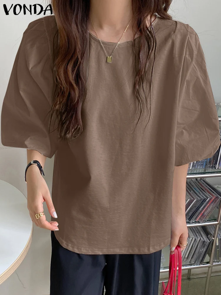 

Стильные рубашки VONDA 2022 с коротким рукавом, повседневная женская летняя однотонная блузка, пляжные топы, женские рубашки большого размера, о...