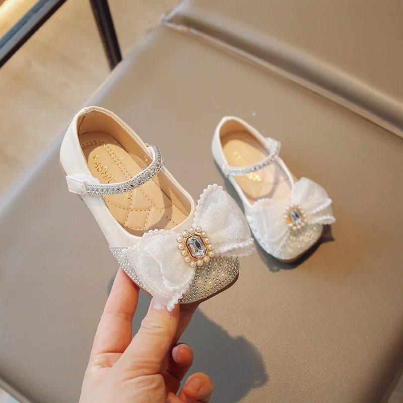 

New Children Mary Janes Rhinestone Pearls Bow-knot Princess Girls Party Dance Shoes Baby Student Causal Flats Kids Leather Shoes