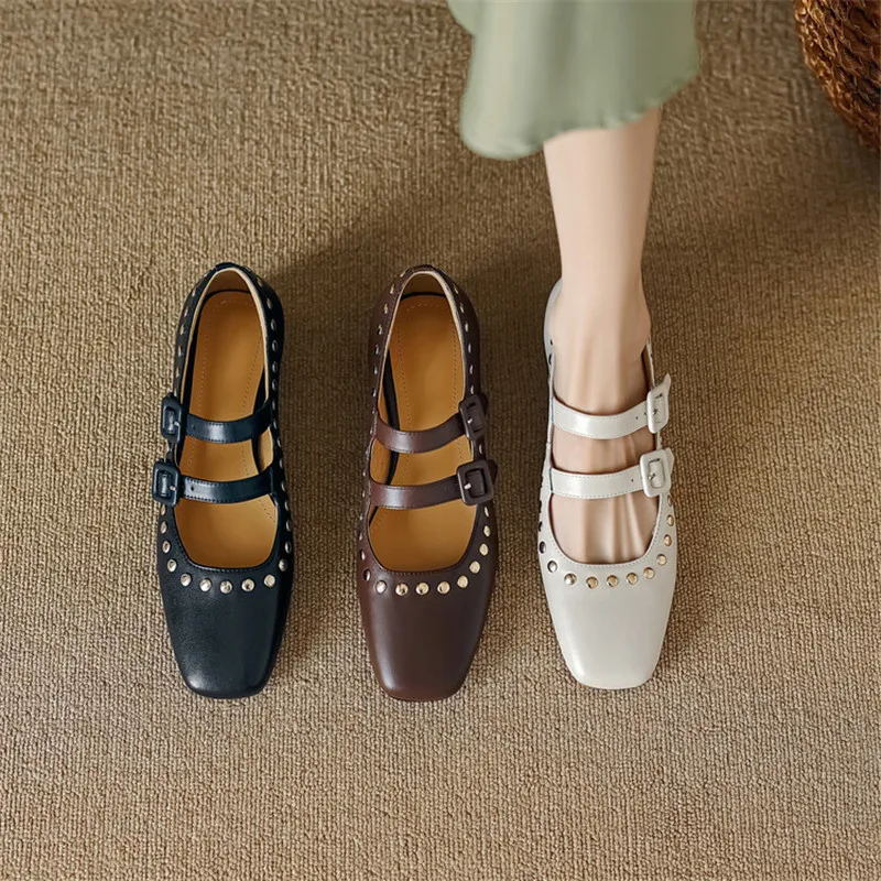 

Туфли-лодочки женские из натуральной кожи, Туфли Мэри Джейн с квадратным носком, низкий каблук, с заклепками, обувь на массивном каблуке, весна-лето
