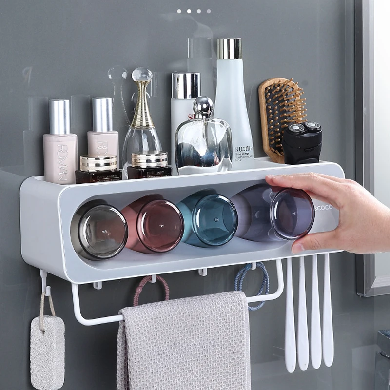 

ECOCO New Wall Mount Toothbrush Holder Automatic Toothpaste Squeezer Dispenser Set Bathroom Accessories Organizer Rack