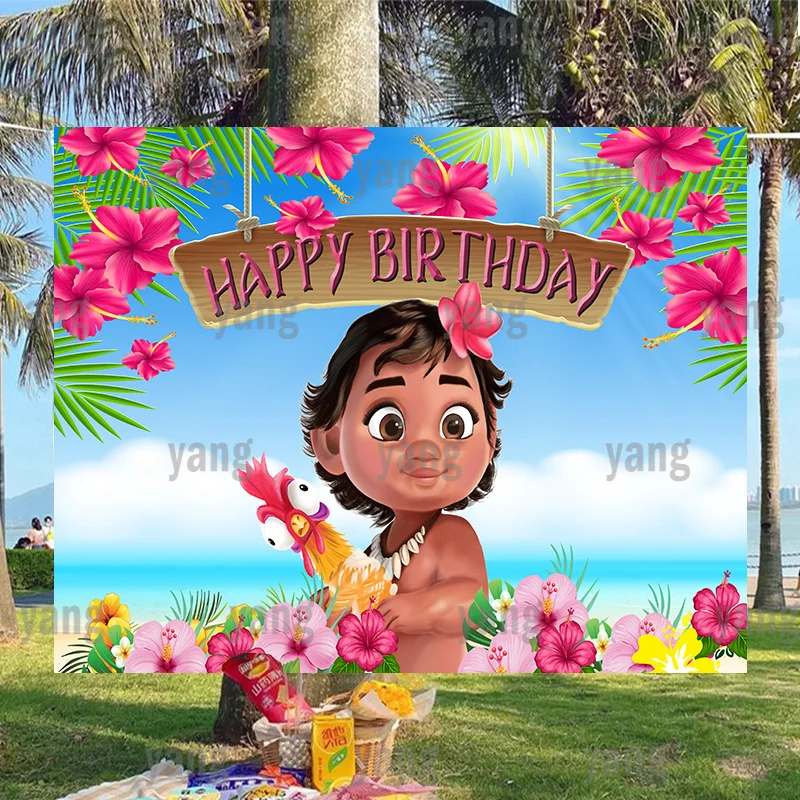 

Summer Disney Backdrop Princess Moana Happy Vaiana Newborn Birthday Party Cartoon Tropical Flower Decoration Backgrounds Banner