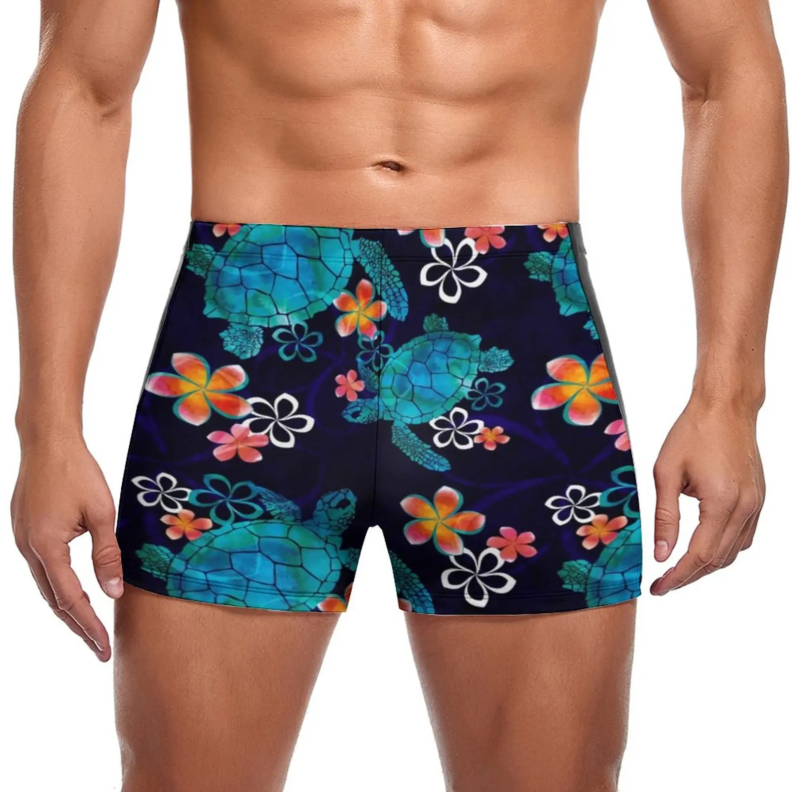 

Пляжные плавки с принтом, морская черепаха с цветами, купальные шорты на заказ, прочный мужской купальник большого размера