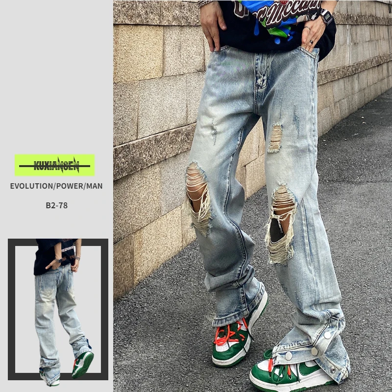 

High street Retro Hole jeans Moustache Effect Breasted Straight jeans Men Streetwear Pants Y2K Clothes hip hop Fashion Trousers