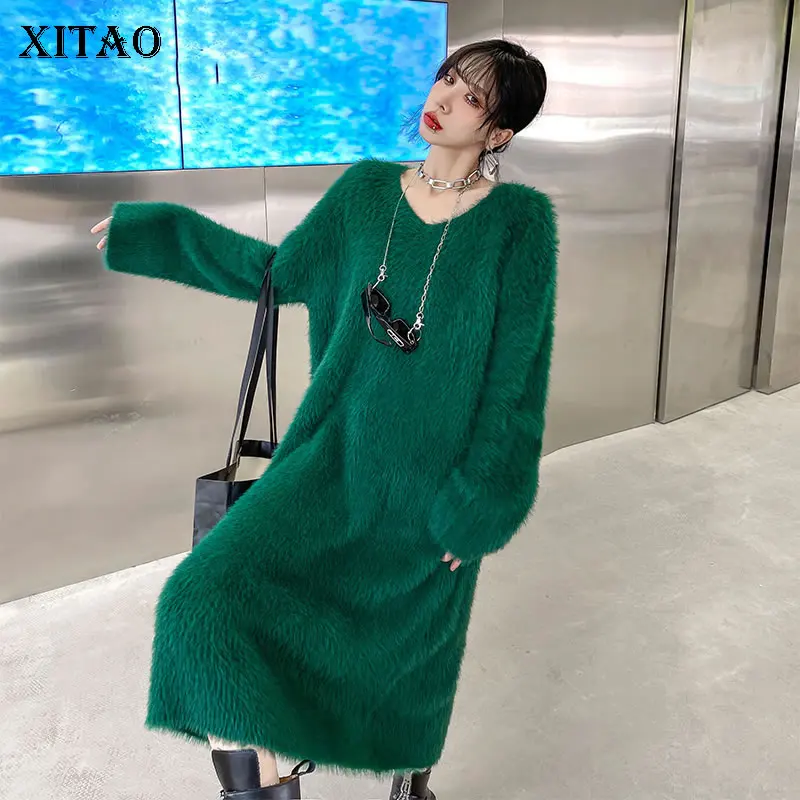 

XITAO Winter New Knitting Dress Casual V-neck Collar Fashion Loose Pullover Women Base Dress 2021 Simplicity All-match GWJ1608