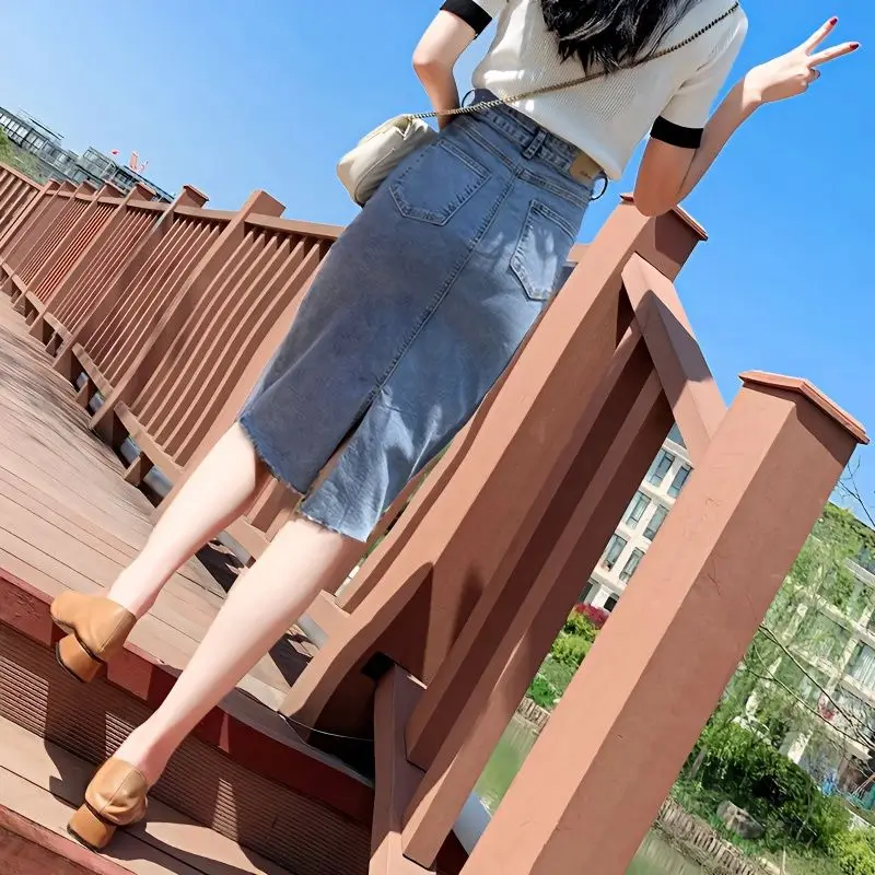 Джинсовые юбки для женщин Синяя обтягивающая юбка миди с запахом Женская до