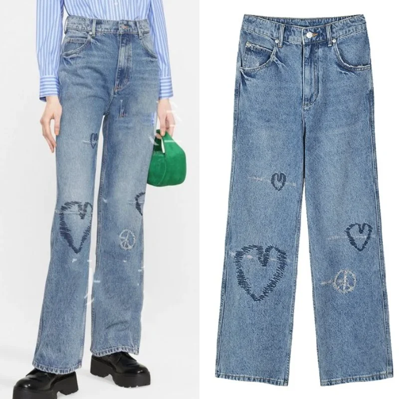 Embroidered Old Heart Cotton Casual Jeans 2023 Spring New Love Pattern Stitching Casual Loose Straight High Waisted Jeans Women