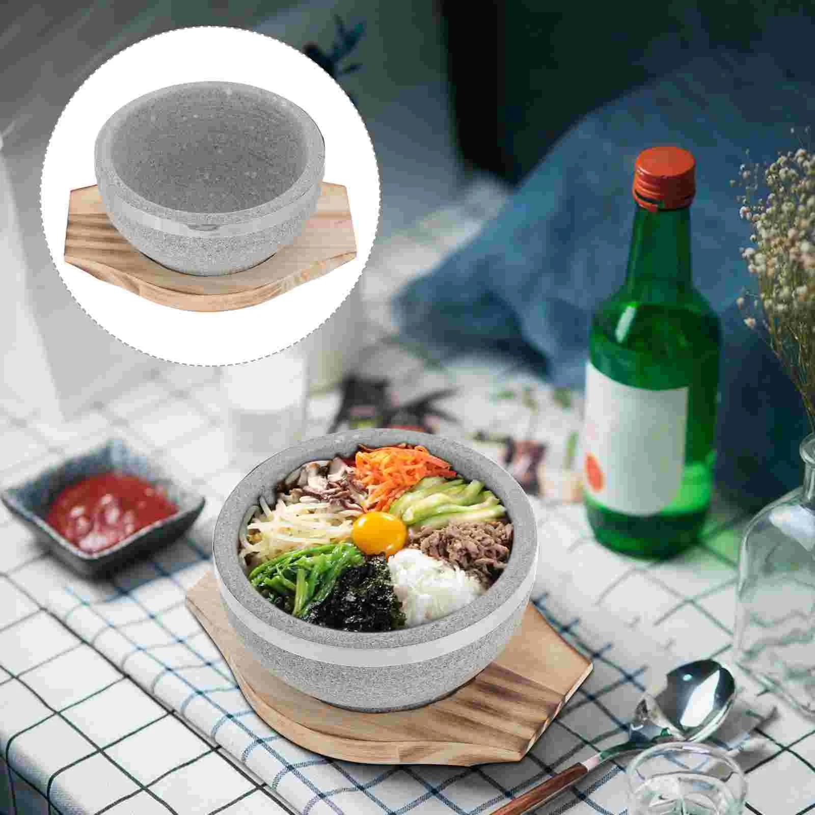 

Stone Bowl and Wood Base Set Delicate Stone Bowl for for Korean Soup Rice Noodles spicy Plant wooden