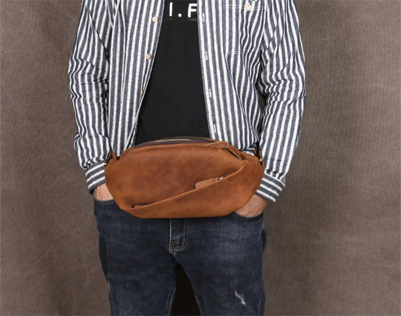 Vintage crazy horse cowhide men's multifunctional chest bag outdoor daily shoulder bag weekend sports real leather waist bag