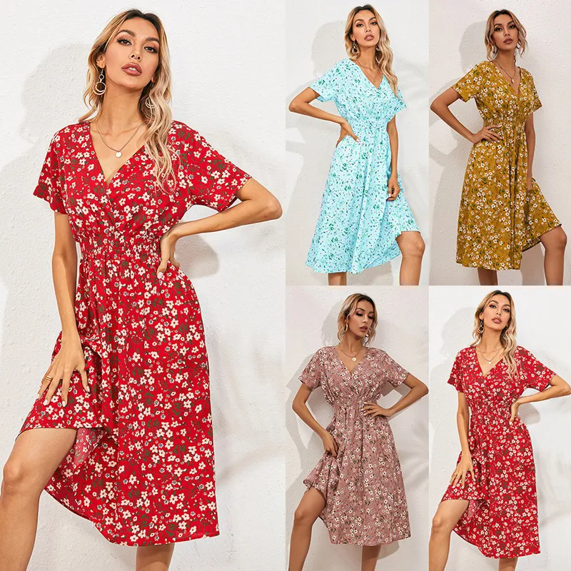 

Bikoles Summer Fashion Sexy V Neck Short Sleeve Women's Empire 2022 New A Line Flowers Print Bohemia Mid Ladies Dresses Vestidos