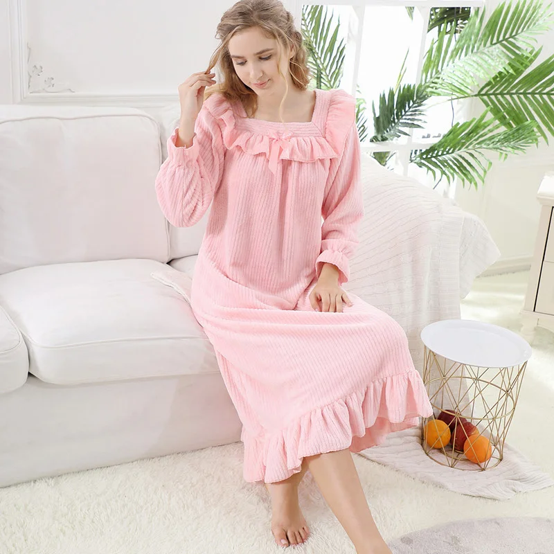 Flannel Nightgowns Women Fleece Long Sleeve Thick Sleepwear Nightdress Warm Homewear Autumn Winter Thicken Sleepshirt Nightwear
