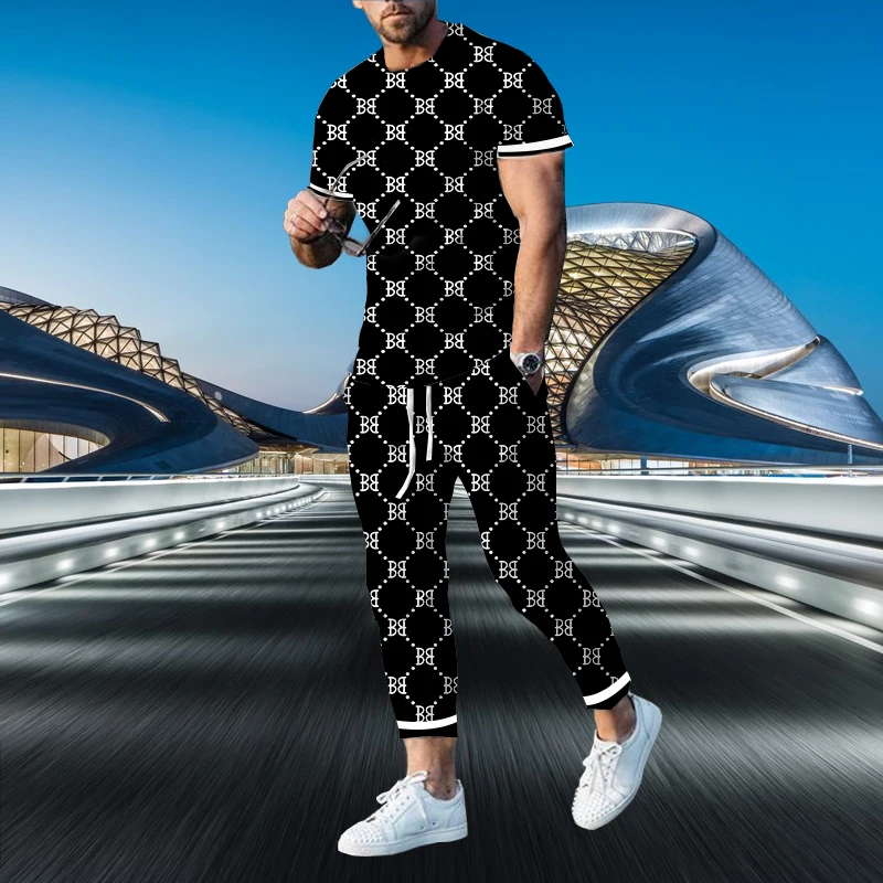 2023 Luxury Casual Men’s Tracksuit 2 Piece Set 3D Printed Summer Oversized Short Sleeve T-Shirt+LOng Pants Street Clothing