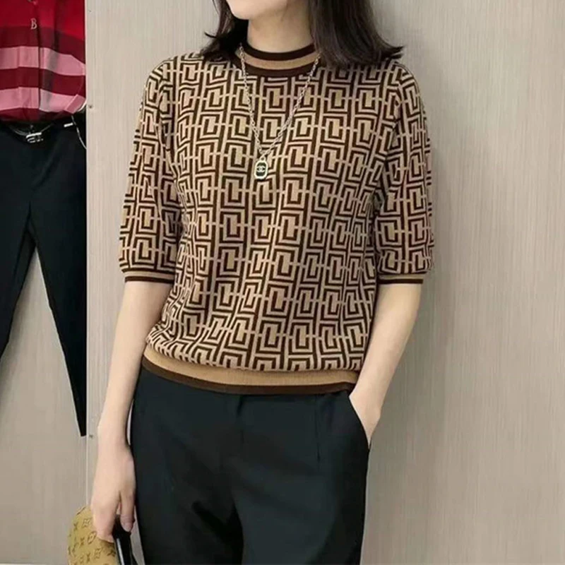 

Women Knitted Tops Geometric Printed O-Neck Pullover Short Sleeve Vintage T-Shirt Elegant Office Lady Slim Knitwear Summer N222