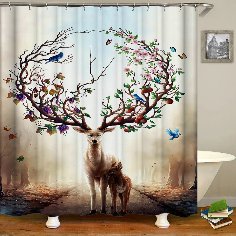 

Elk Floral Moose Deer Animal shower curtain 3d Bath Single Animal Printing Waterproof Bathroom Decor 180x200 cortina de ducha