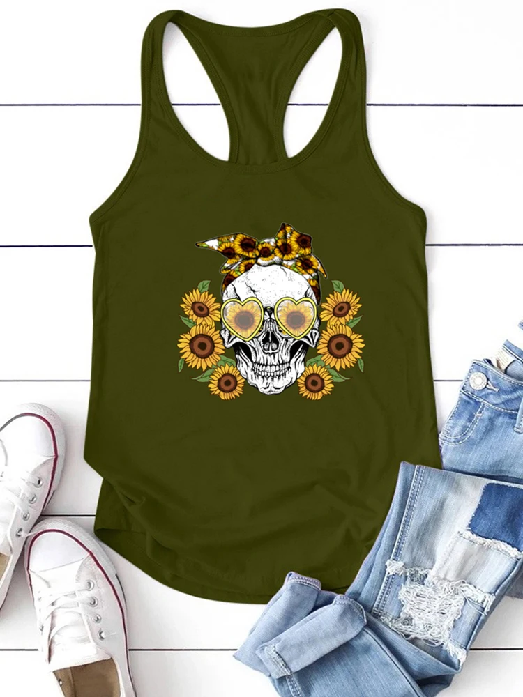 Забавные женские майки с принтом черепа подсолнуха летняя жилетка без рукавов в