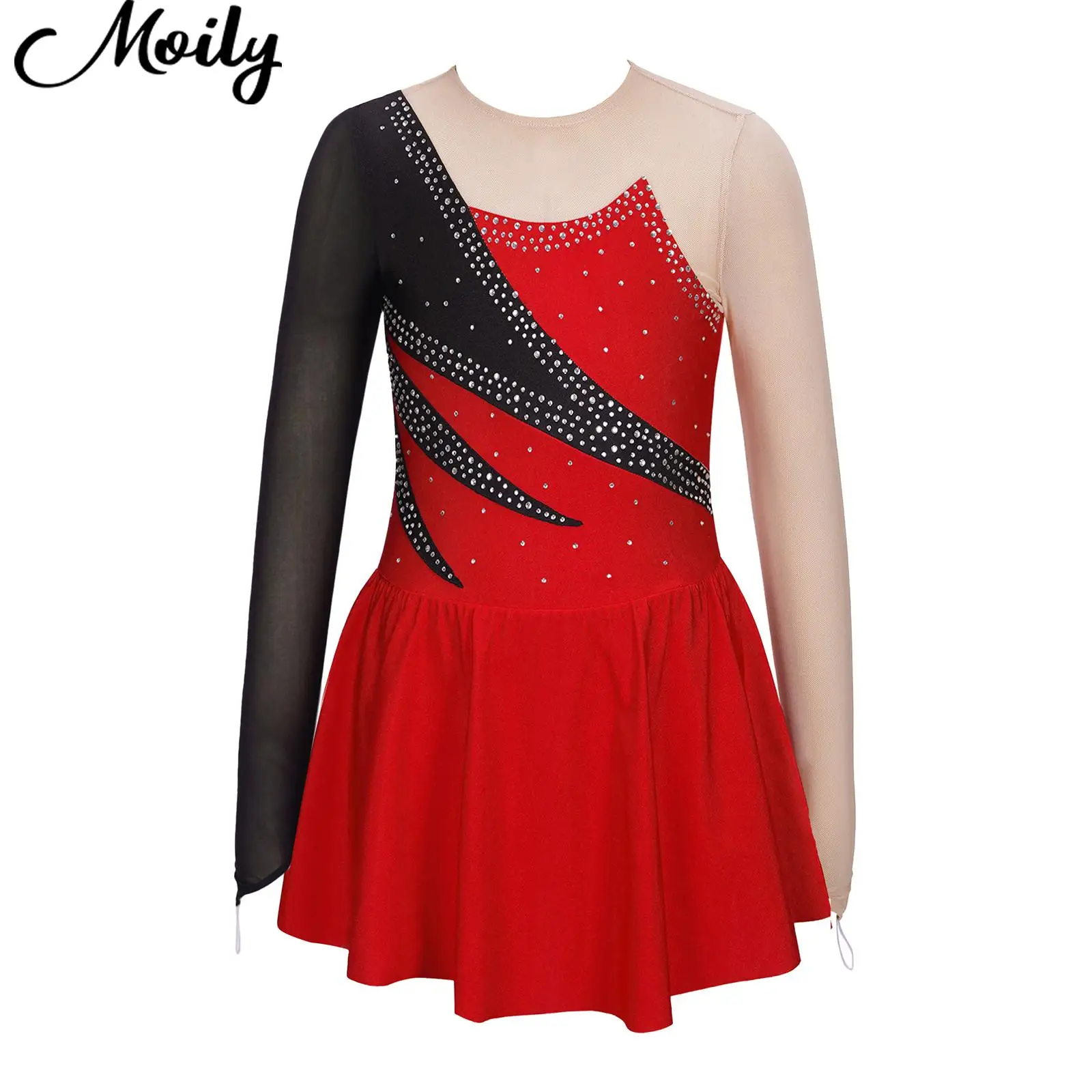 

Kids Girls Dance Leotards Competition Dancewear Long Sleeve Round Neck Contrast Color Rhinestone Hollow Back Skating Dance Dress
