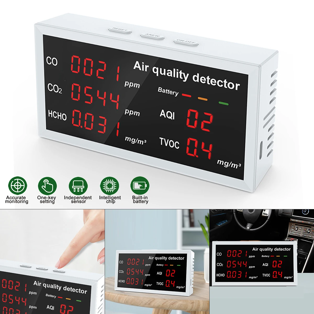 

5 In 1 Air Quality Monitor Carbon Dioxide Monoxide Formaldehyde Detector CO2 HCHO TVOC CO AQI Gas Analyzer Meter Tester