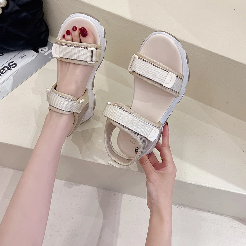 

New Women Summer Sandals Platform Fashion Shoes 2022 New Fashion Sandal 4cm Heel Hook and Loop Non-slip Black Basic 35-40