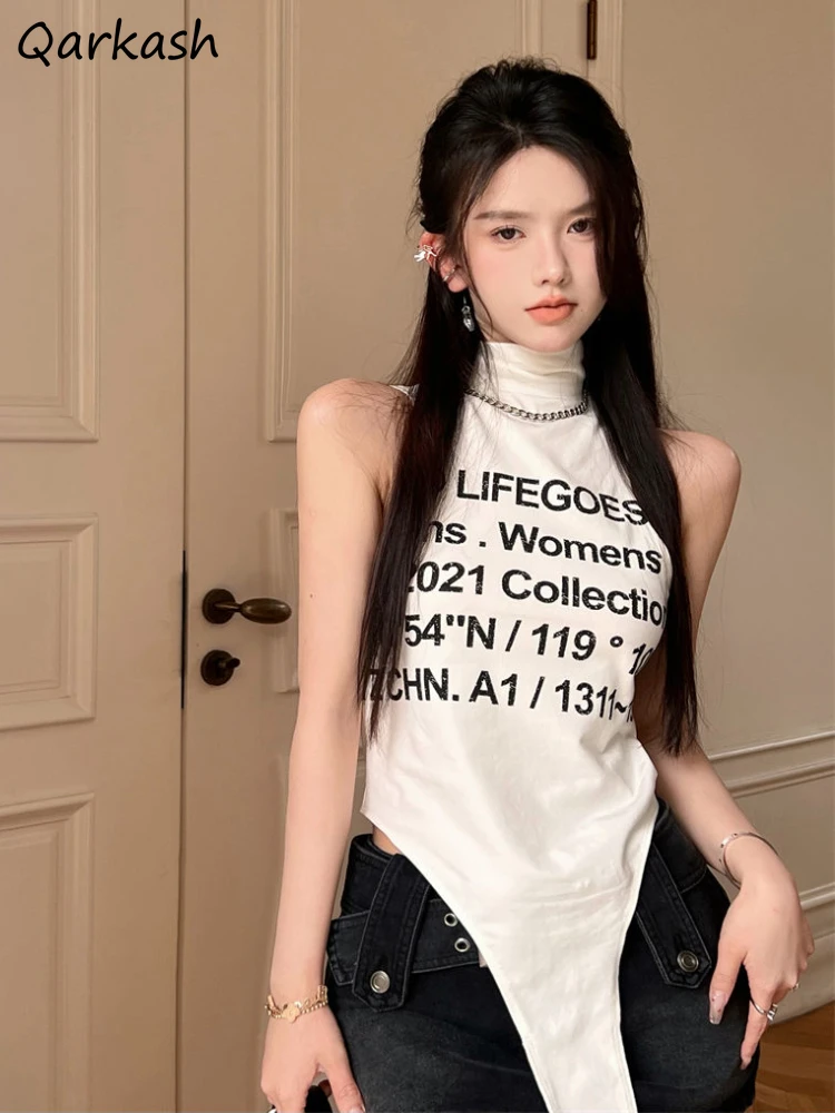 

Майка женская с высоким воротником и надписью, асимметричный дизайн, пикантный облегающий топ в стиле Харадзюку, повседневная одежда, Y2k, на ...