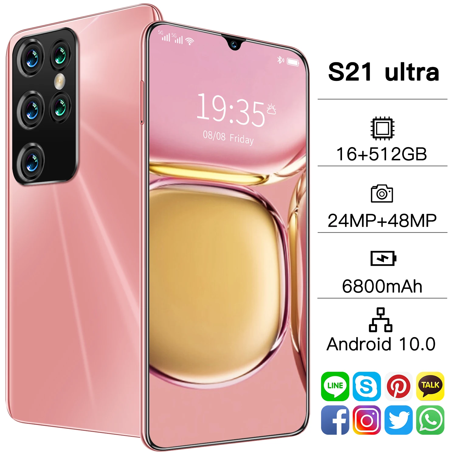 

Global Version S21 Ultra 7.1 Inch 256Gb/512GB 10 Core MTK6595 6800mAh Android10.0 Smartphone Dual SIm+Micro SD 24+48MP Cellphone