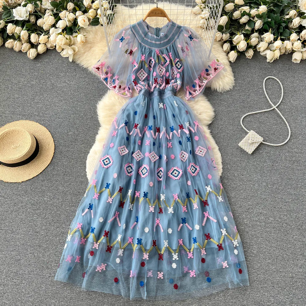 

2022 Summer New Mesh Embroidered Dress Bell Sleeve High Waist Big Swing Long Dress Dresses Women