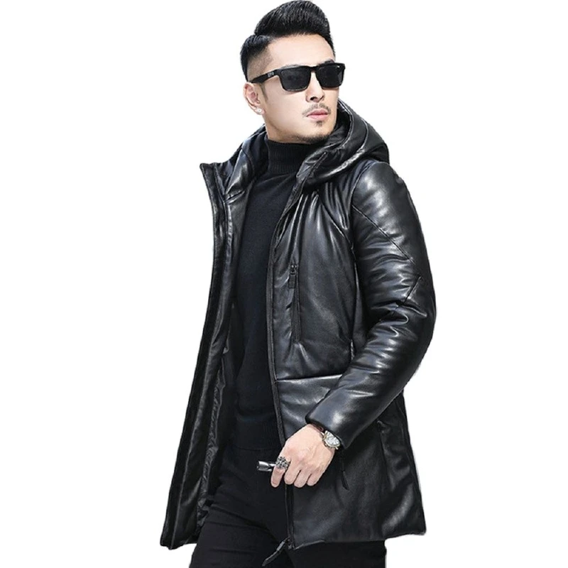 

Новый зимний кожаный пуховик Мужская молодежная кожаная куртка средней длины с капюшоном ветровка повседневная куртка
