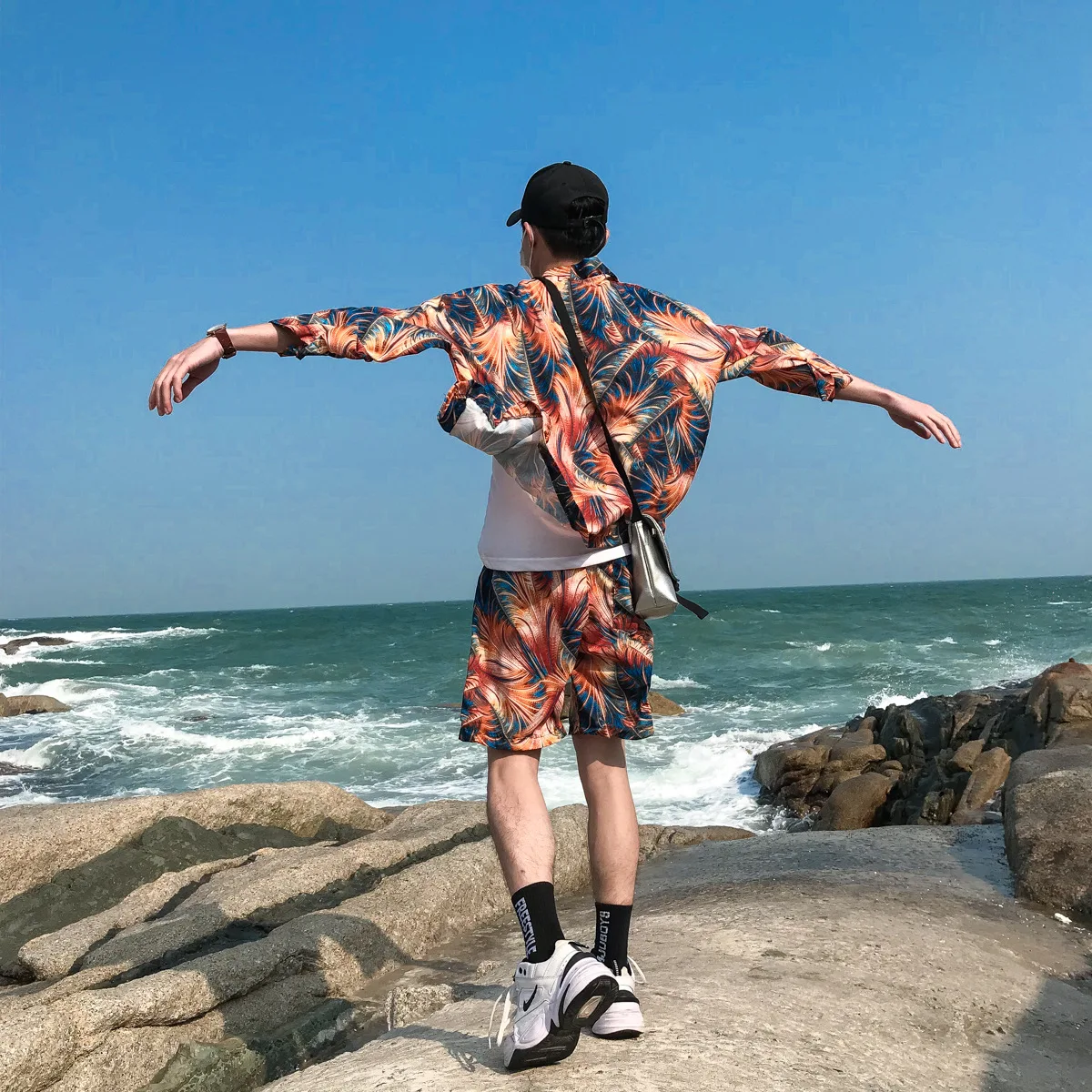 Teenager Spring Summer Print Leaves Men 2PCS Kimono Sets 3/4 Sleeve Cardigan Rayon Robe Pajamas Suit Casual Bathrobe Home Wear