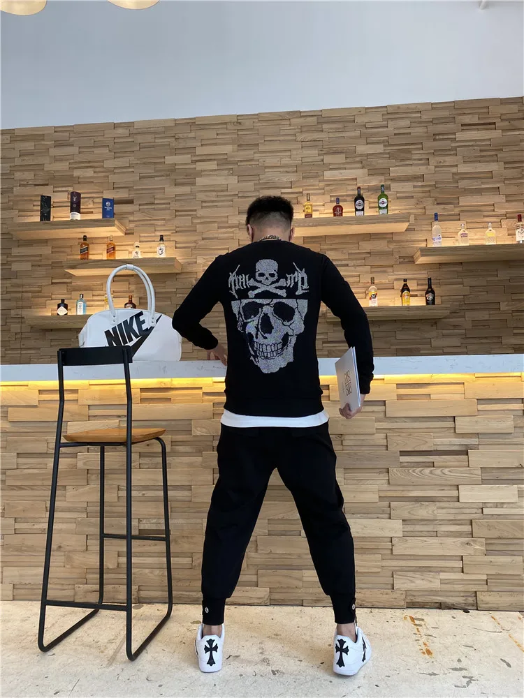 

European station plein fashion brand sweater men's new pp skull head hot drilling trend Slim pullover cotton long-sleeved bottom