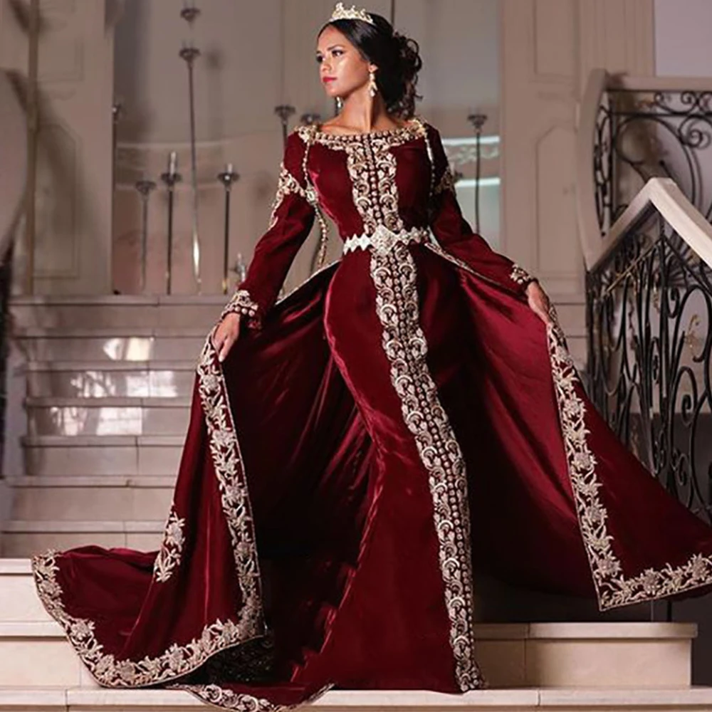 

Burgundy Caftan Evening Dress 2023 2 Piece Velet O Neck Full Sleeve Evening Party Gowns Floor Length Gold Appliques فستان سهرة