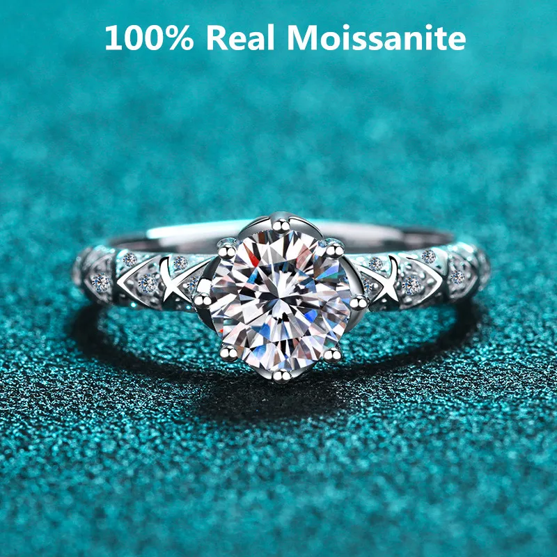 

Обручальное кольцо с муассанитом и короной, 6,5 мм, 1 карат, с цветком и бриллиантом, Европейский хвостовик, 8 Зубцов, серебряные обручальные ко...