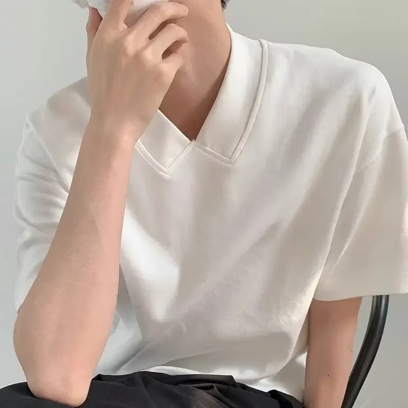 Летняя однотонная мужская футболка свободного покроя с v-образным вырезом