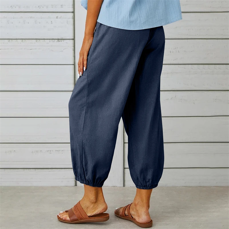 

Solid Color Drawstring Elastic Waist Work Trousers Elegant Loose Double Pocket Casual Cotton Harem Ventilate Pants New