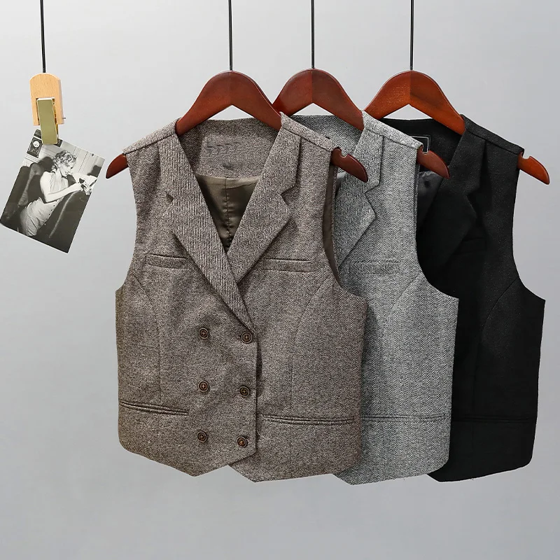 

Sleeveless Vests For Women Slim Lapel Black Jacket Single Breasted For Commuting Office Lady Waistcoat