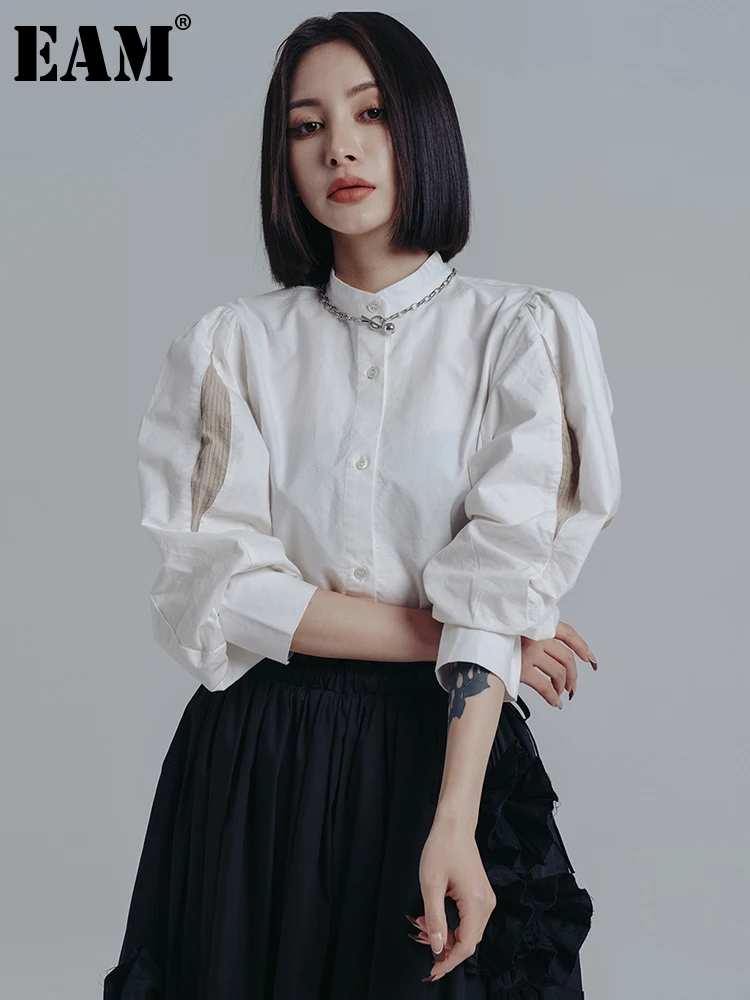 

[EAM] Women White Vintage Big Size Blouse New Lapel Long Lantern Sleeve Loose Fit Shirt Fashion Tide Spring Autumn 2022 1DE6589