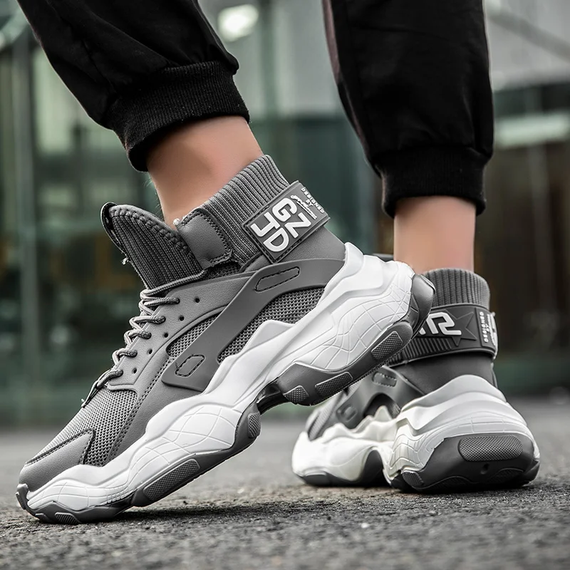 New Men's Shoes Spring And Thick-soled Mid-top Chunky Sneakers Casual Trend Rubber Elastic Comfortable Lightweight Sports Shoes