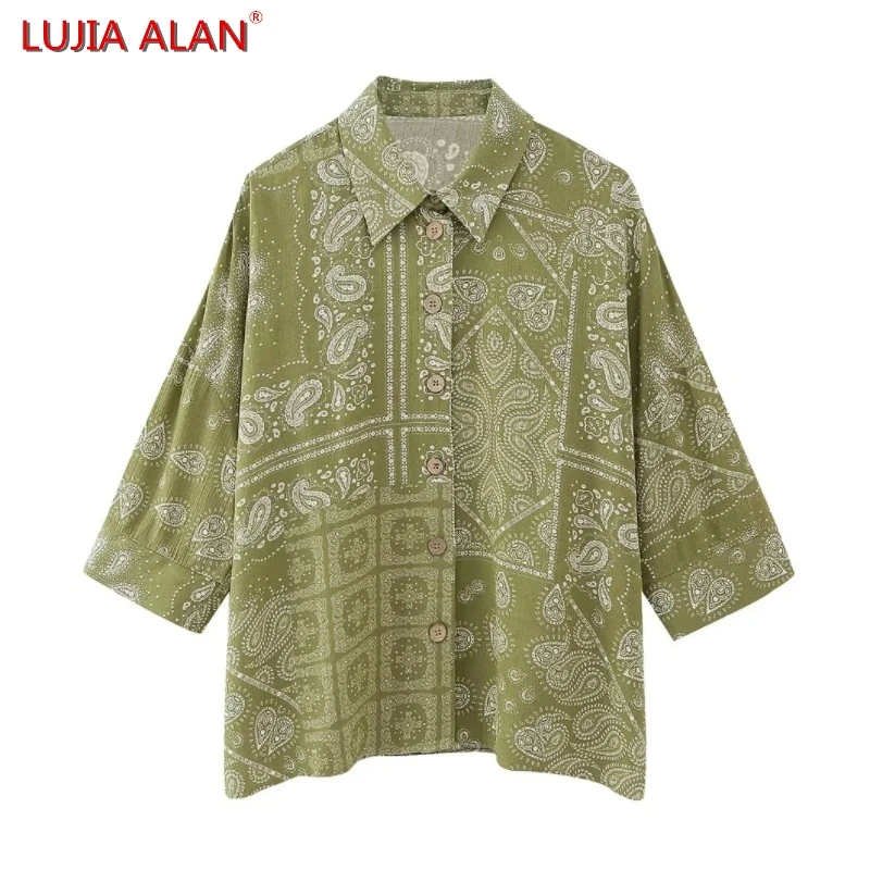 

New Women Paisley Printed Loose Shirt Female Three Quarter Sleeve Blouse Casual Tops+High Waist Straight Pants LUJIA ALAN B1725