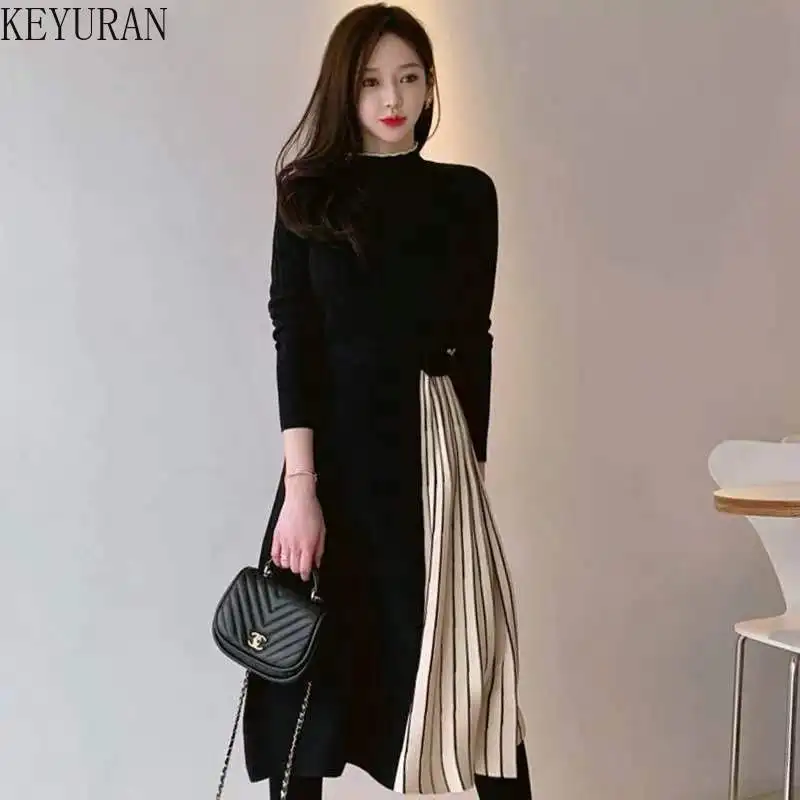 

2022 Autumn Stylish Half Turtleneck Women Sweater Dress Long Sleeve Slim Belted Female Patchwork Pleated Dress Knitted Vestidos