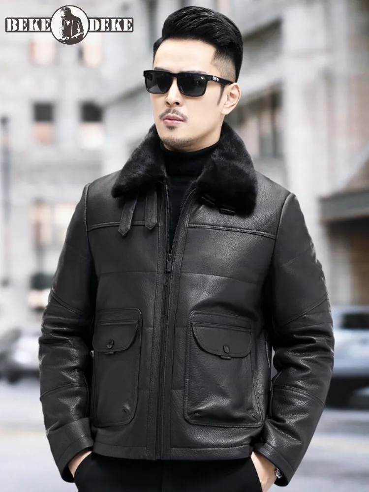 

Winter Warm Mens Genuine Leather Down Coat High Street Punk Natural Sheepskin Short Coat Lapel Slim Fit Fashion Pilot Overcoat