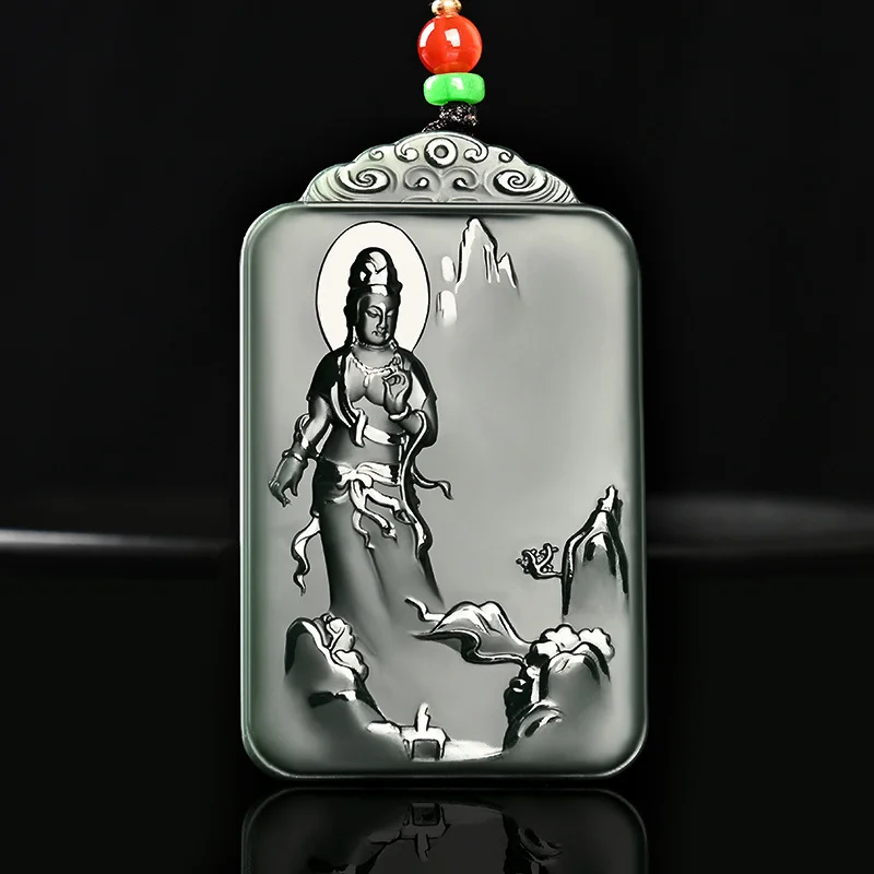 

MaiChuang/HeTian Cyan Jade Guanyin Buddha Hand Carved Necklace Pendant Fashion Elegant Jewelry Personality Men Women Couple Gift