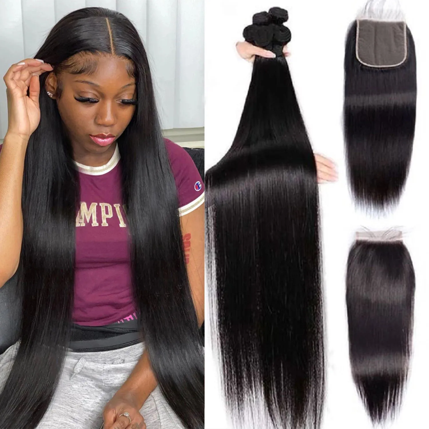 

10A Brazilian Straight Hair 3 Bundles with Closure Free Part 4X4 Lace Natural Black Virgin Human Hair Weave Bundles with Frontal