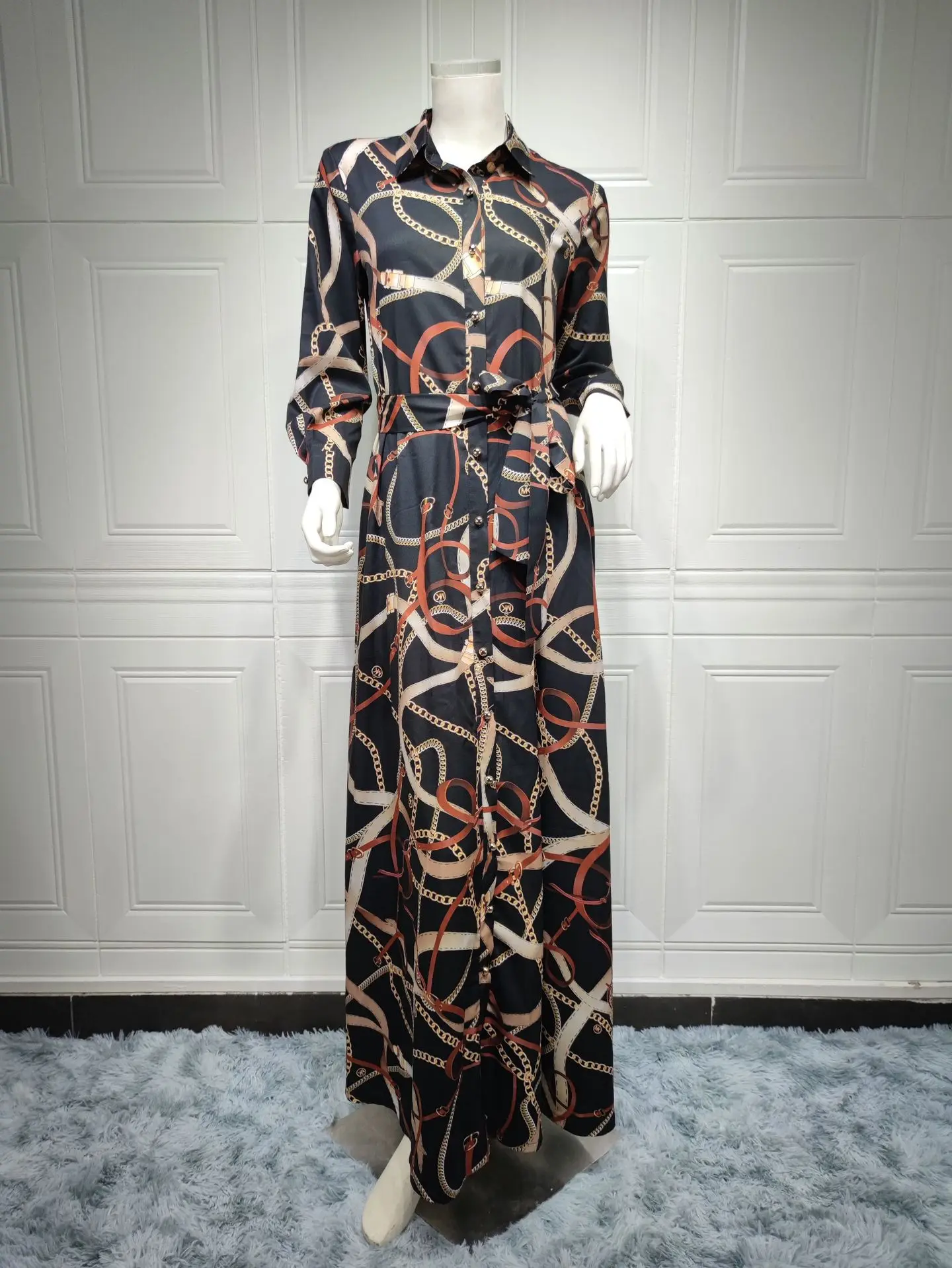 Muslim Fashion Shirt Dress Moroccan Kaftan Dubai Abaya Chain Print Long Sleeve Lapel Single-breasted Elegant Dresses for Women