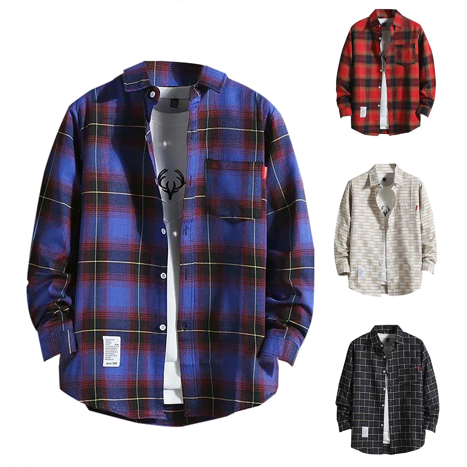 

Рубашка мужская с длинным рукавом, повседневная клетчатая однобортная рубашка с отложным воротником, дышащий пиджак в клетку с геометрическим узором, Осень-зима