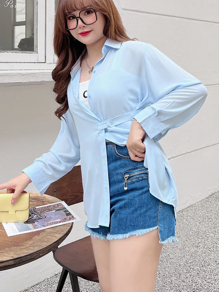 

Oversized Women Sun Protection Clothing Polyester Chiffon Long Thin Summer 2022 Full Sleeve Lace-Up Draped Fairy Shirts