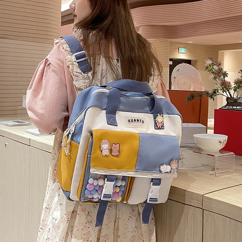 Contrast Color Korean Style Women's Backpack Women's Bag 2022 Trend Multifunctional Schoolgirl's Nylon Fabric School Bag Kawaii
