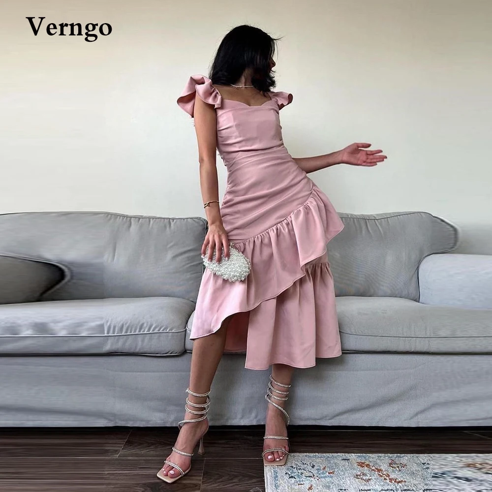 

Verngo 2022 Dusty Pink A Line Prom Dresses Cap Sleeves Sweetheart Satin Asymmetric Tea Length Formal Night Party Gowns Arabic