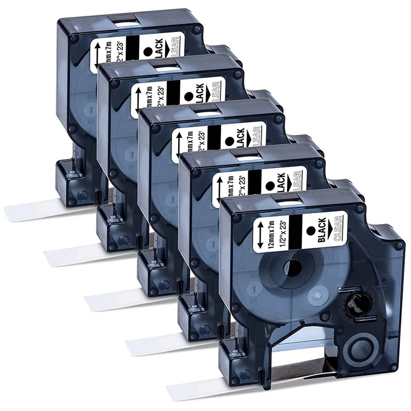 

5 Pcs 45010 Transparent Black Bottom Compatible with 12mm x 7M Label Tape Replacement D1 Label Machine Ribbon for DYMO