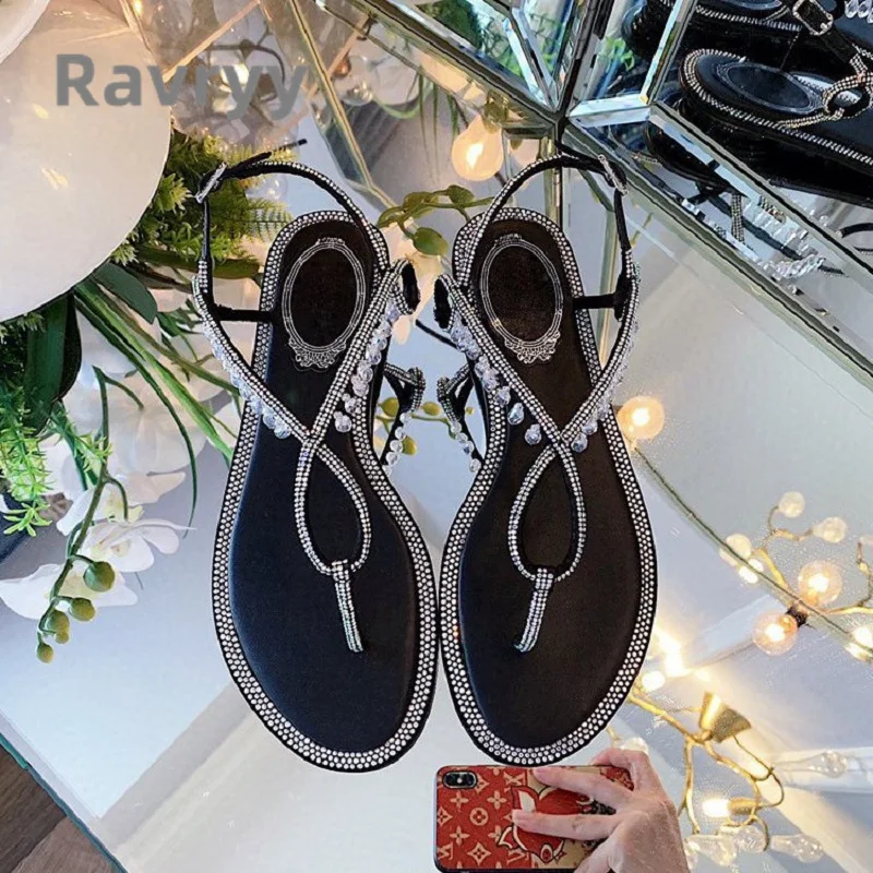 2023 Summer New Genuine Leather Sandals Shallow Mouth Crystal Flat Bottom Buckle Sandals Versatile Herringbone Women's Shoes
