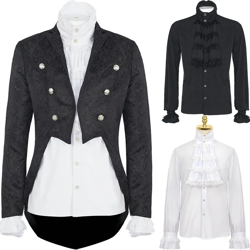 

Мужской костюм в готическом стиле, белая рубашка, черное пальто, смокинг, костюм для косплея в стиле стимпанк, викторианское пальто, Хэллоуин