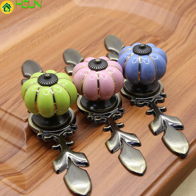 

2 pcs Ceramic pumpkin handle zinc alloy Chinese garden cabinet drawer shoe cabinet door single hole wardrobe handle